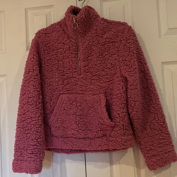 ShineStar Fushia pink plush Teddy Fuzzy Sherpa half zip Sweatshirt Sz L - Picture 13 of 15